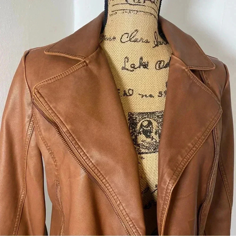 Tan Faux Leather Bomber Jacket Women’s Extra Small - Picture 3 of 7